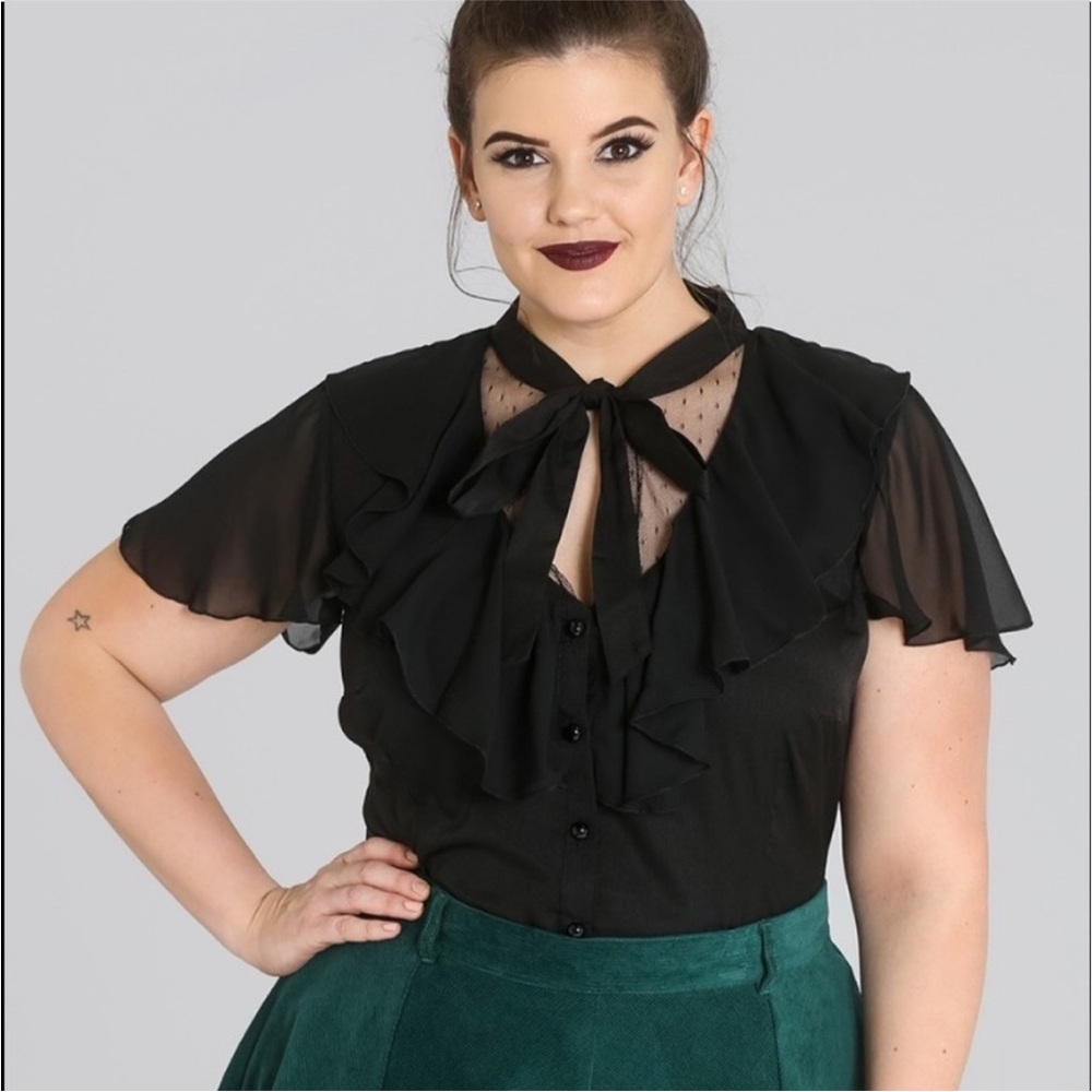 Hell bunny tie front ruffle collar flutter sleeve short sleeve blouse top